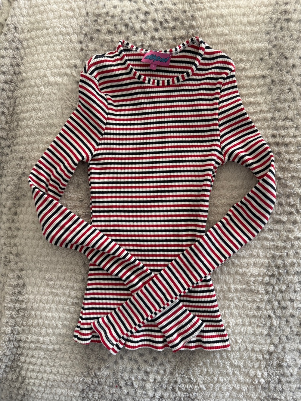 Edikted Striped Long-Sleeve Ribbed Top - Red, Black & White